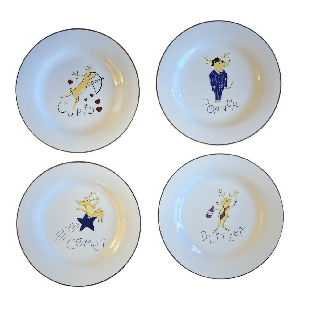 Lot of 4 Pottery Barn Reindeer‎ Salad Plates Cupid Donner Blitzen Comet